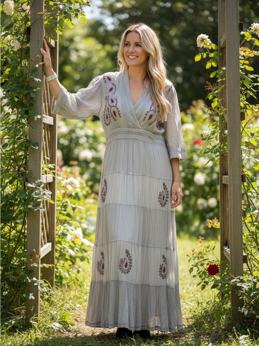 Young Threads Light Gray Embroidered Maxi Dress - Boho V-Neck